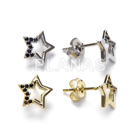 Earrings in rhodium sterling silver and black zircons. star.