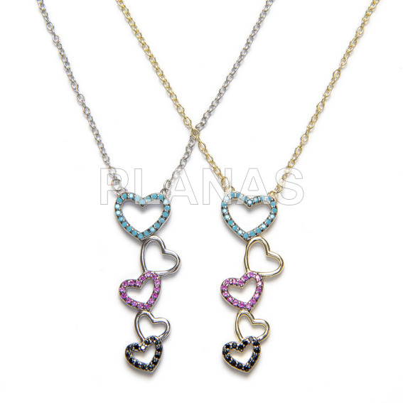 Necklace in rhodium-plated sterling silver with colored zircons. hearts.