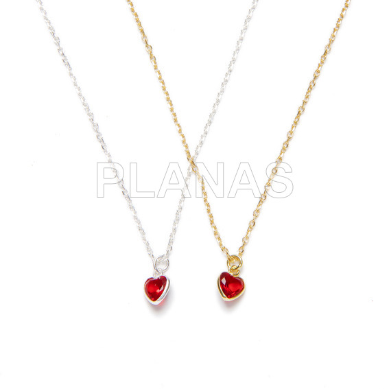 Necklace in sterling silver and red zirconia. heart.