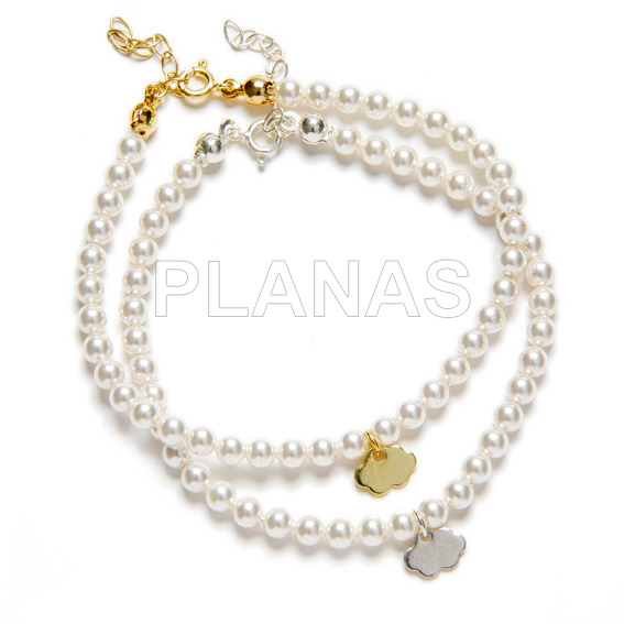 Pulsera en Plata de ley y Perlas de Cristal Austríaco de 4mm.Color Blanco.NUBE.