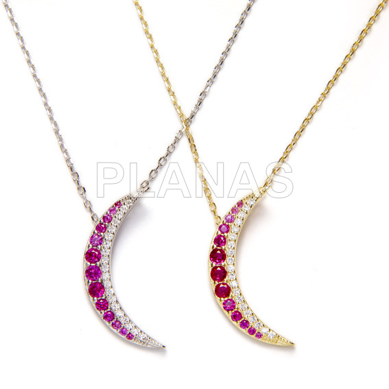 Necklace in rhodium-plated sterling silver with fuchsia zircons luna.