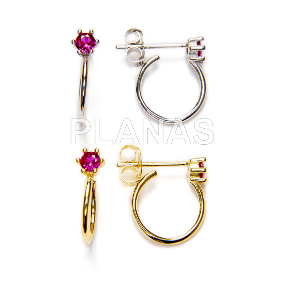 Aros en Plata de Ley Rodiada y Circonitas Fucsia.15x11mm.