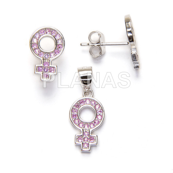 Set in rhodium sterling silver and pink zircons, earrings and pendant. woman symbol.