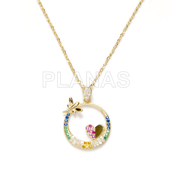Collar en Plata de Ley y Baño Oro con Circonitas de Colores.CORAZÓN.