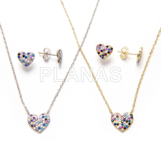 Set in rhodium-plated sterling silver with colored zircons, earrings and pendant. heart.