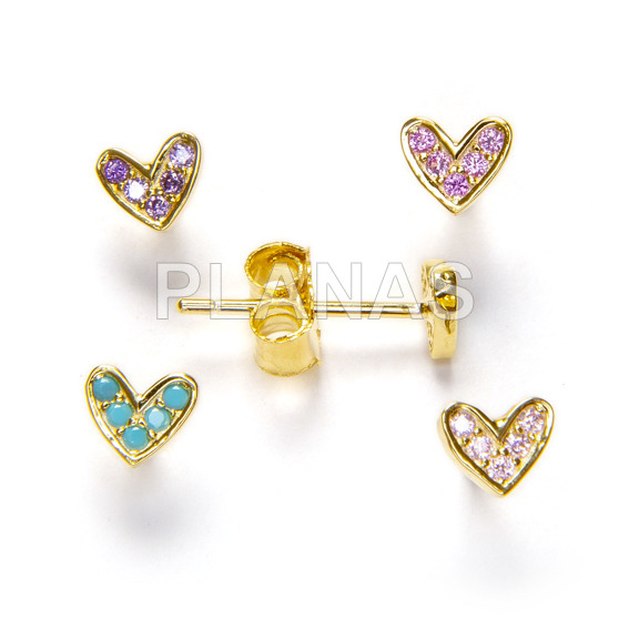 Earrings in sterling silver and gold bath with colored zircons. heart.