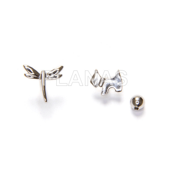 Rhodium-plated sterling silver earrings with screw closure.libellula and dog.