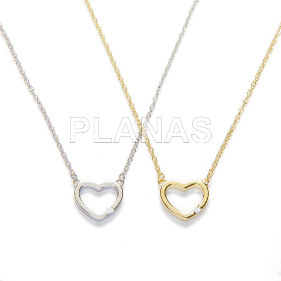 Necklace in rhodium sterling silver with white zirconia. heart.