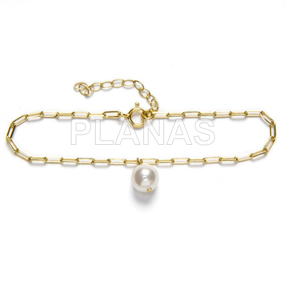 Pulsera en Plata de ley y Baño Oro con Perla de Cristal Austríaco de alta calidad de 8mm. 