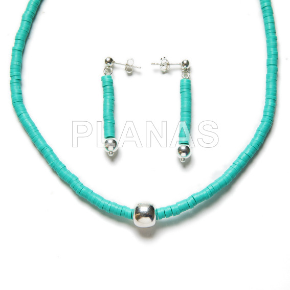 Set of necklace and earrings in sterling silver and turquoise clay beads of 4mm.