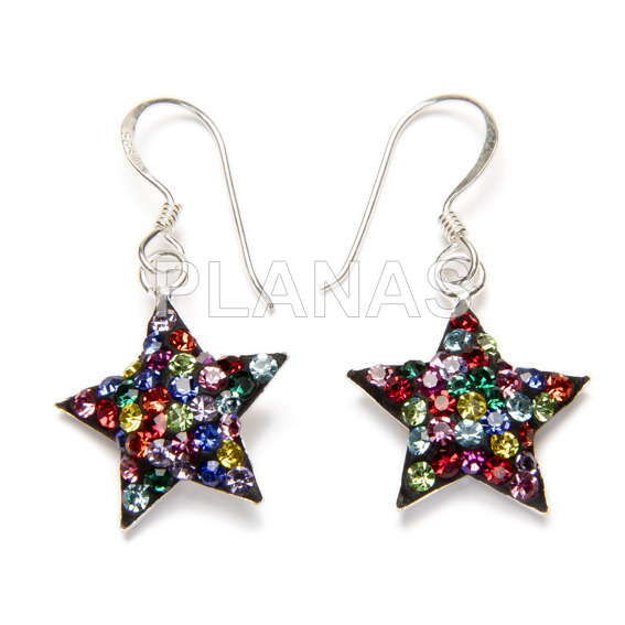 Earrings in sterling silver and crystal in mix color. star.