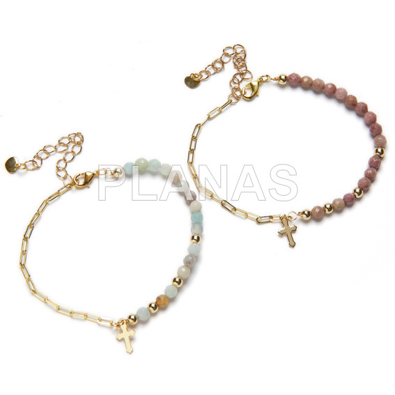 Bracelet with natural stone beads in 304 steel and brass.