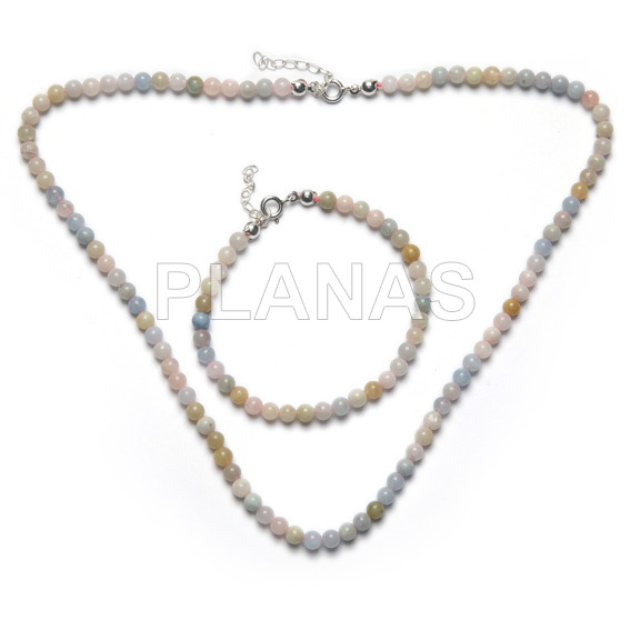 Set of necklace and earrings in sterling silver and natural morganite stones of 4.5mm.