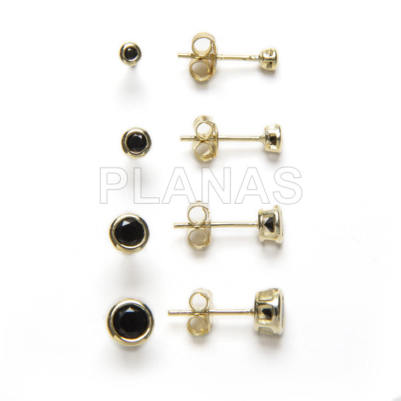 Sterling silver and gold plated earrings, russian setting, black zirconia.