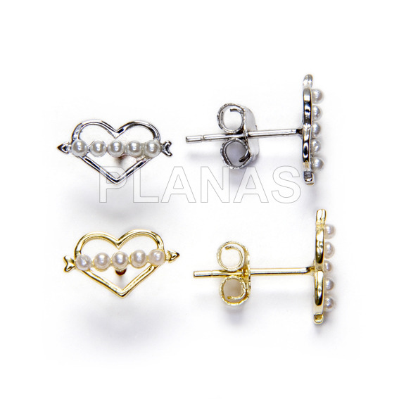 Rhodium-plated sterling silver earrings with synthetic pearls. heart.