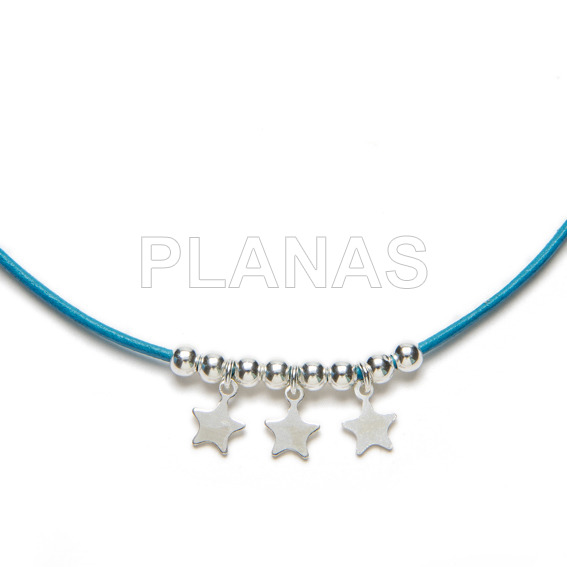 Collar en Cuero Color Turquesa y Plata de Ley.ESTRELLAS.