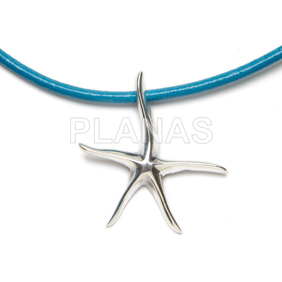 Collar en Cuero Color Turquesa y Plata de Ley.ESTRELLA DE MAR.