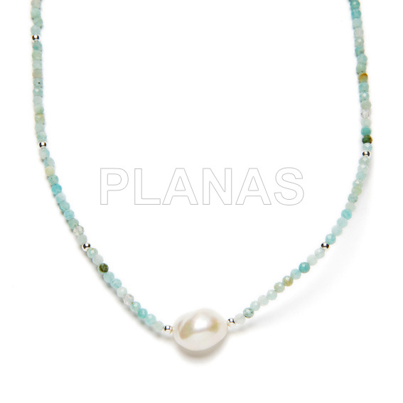 Sterling silver pendant with turquoise crystals and cultured pearl.