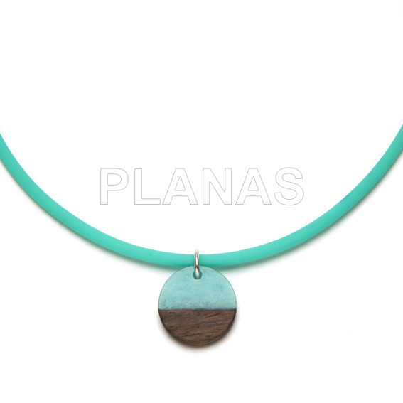 3mm sterling silver and turquoise rubber necklace with a piece of wood.