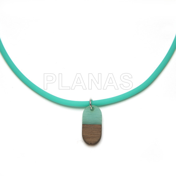 3mm sterling silver and turquoise rubber necklace with a piece of wood.