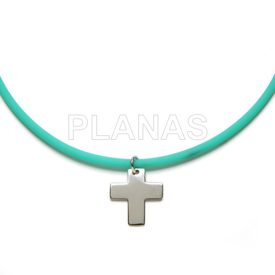 Necklace in sterling silver and 3mm turquoise rubber. cross.