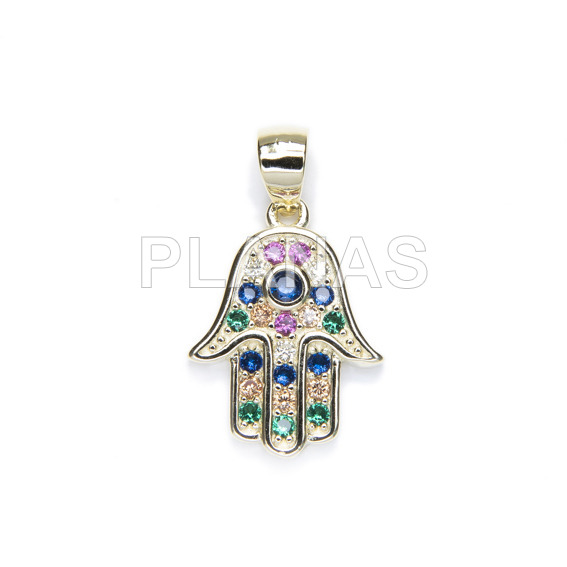 Colgante en Plata de ley y baño oro con Circonitas de Colores.MANO DE FATIMA.