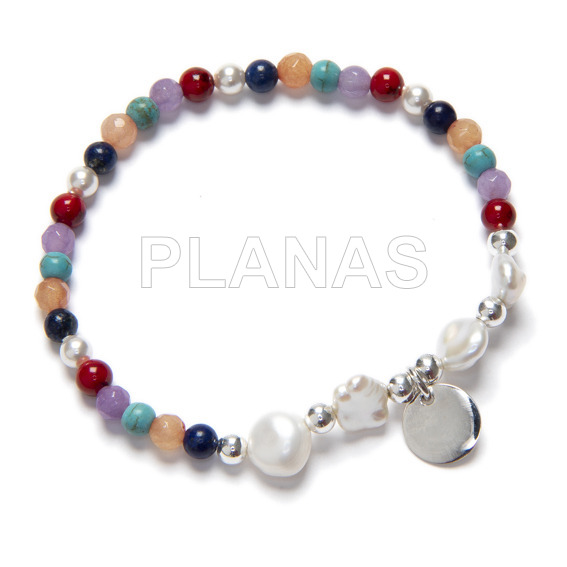 Pulsera Elastica con minerales,Perlas, bolas y placa en Plata de ley.