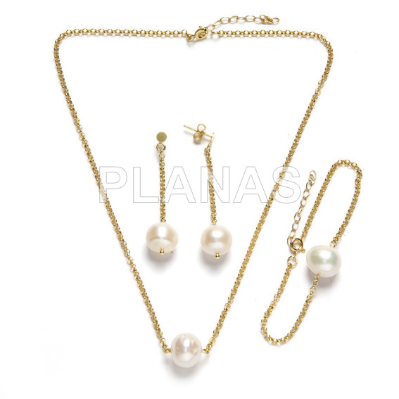 Conjunto en Plata de ley y Baño Oro de 3 piezas, Collar, Pulsera y Pendientes con perlas cultivadas.  