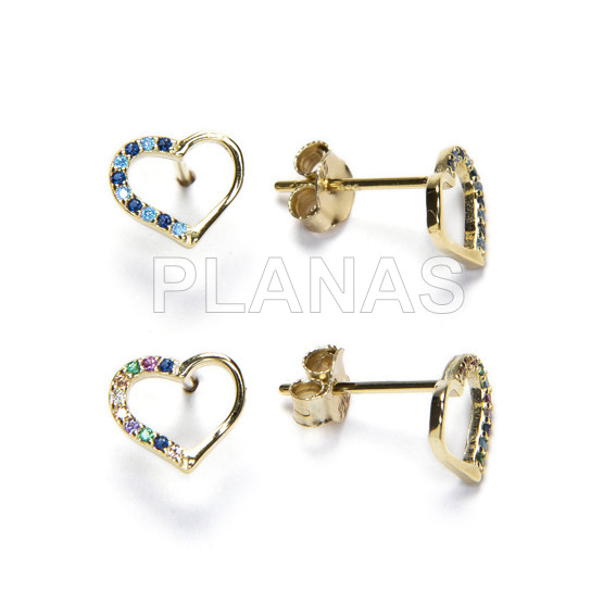 Earrings in sterling silver and gold bath and zircons. heart.
