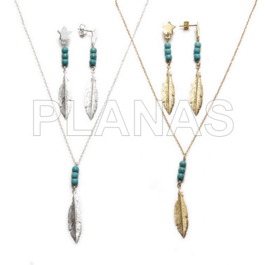 Set in sterling silver of 2 pieces, necklace and earrings. feather.