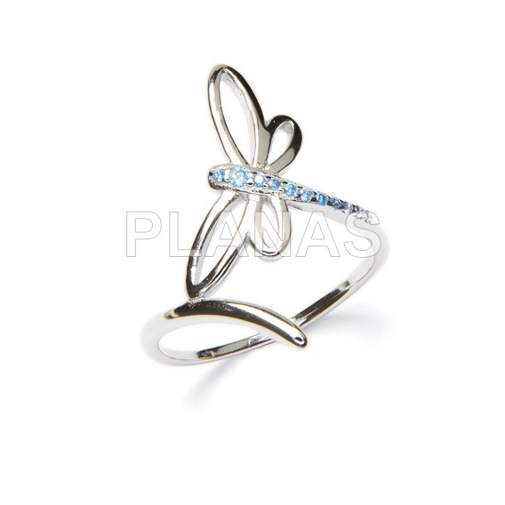 Ring in rhodium sterling silver and blue zircons. dragon-fly.