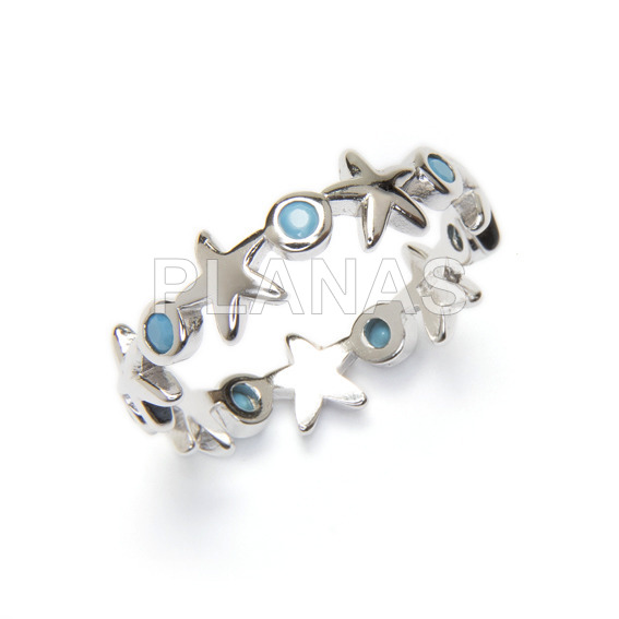 Ring in rhodium sterling silver and blue zircons. sea stars.