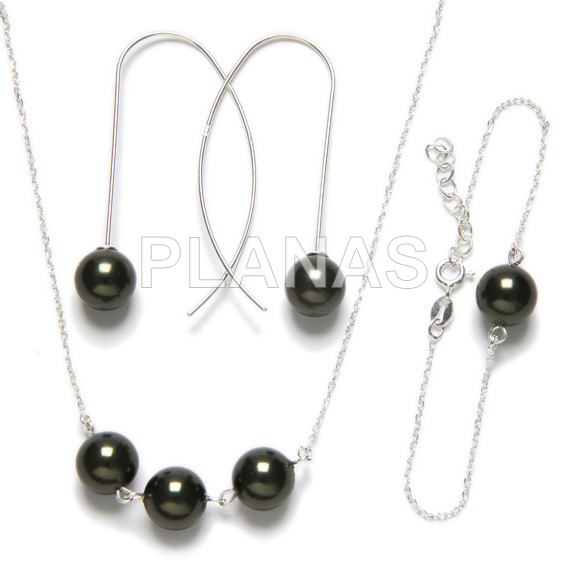Sterling silver 3-piece set, necklace, bracelet and earrings with dark green swarovski pearls.
