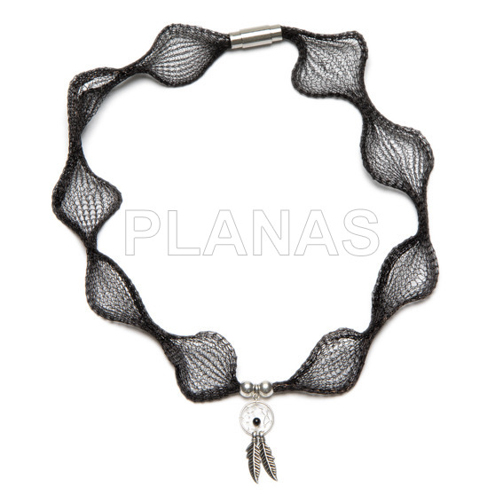 Black titanium choker with stainless steel clasp and sterling silver dreamcatcher.