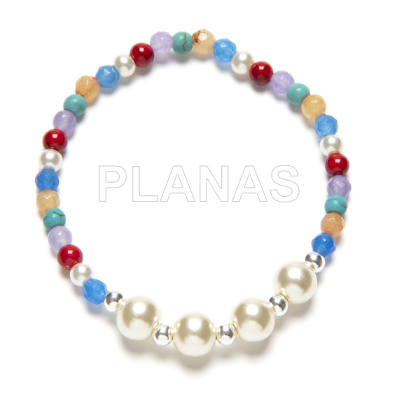 Pulsera elastica con Agatas de Colores y Perlas sintéticas y bolitas en plata de ley.