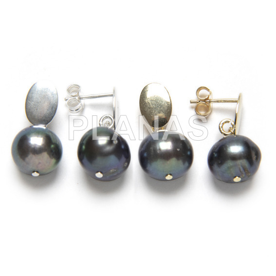Pendientes en plata de ley con perla Cultivada de 12mm Azul Prusia. 