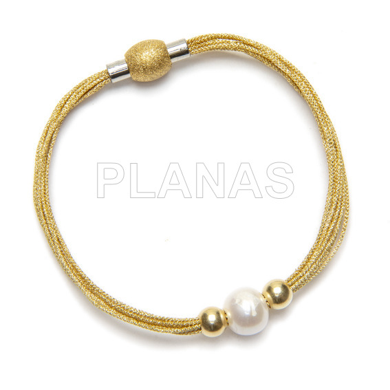 10 metallic wire bracelet with stainless steel clasp, silver balls and gold plated with cultured pearl.