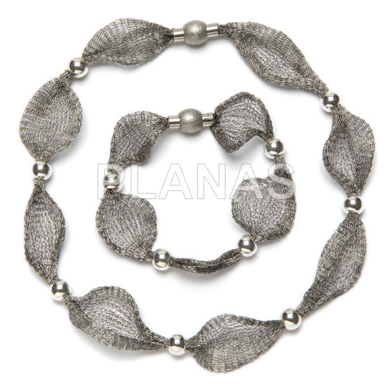 Set of gray titanium choker and bracelet with stainless steel clasp and sterling silver balls.