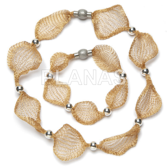 Set of camel titanium choker and bracelet with stainless steel clasp and sterling silver balls.