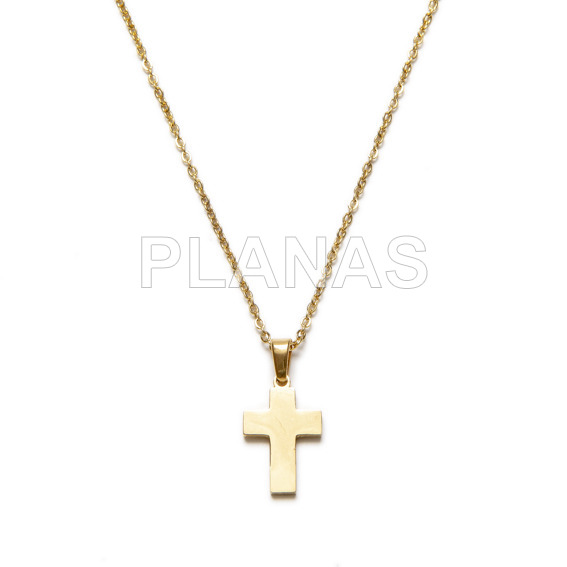 Pendant in stainless steel and gold bath. cross.