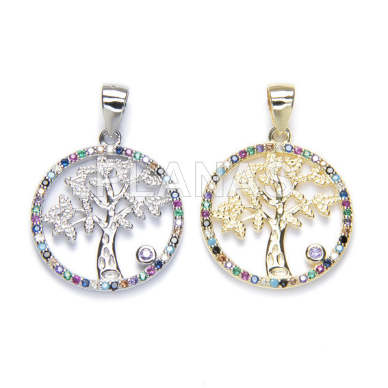 Pendant in rhodium sterling silver and colored zircons. tree of life.