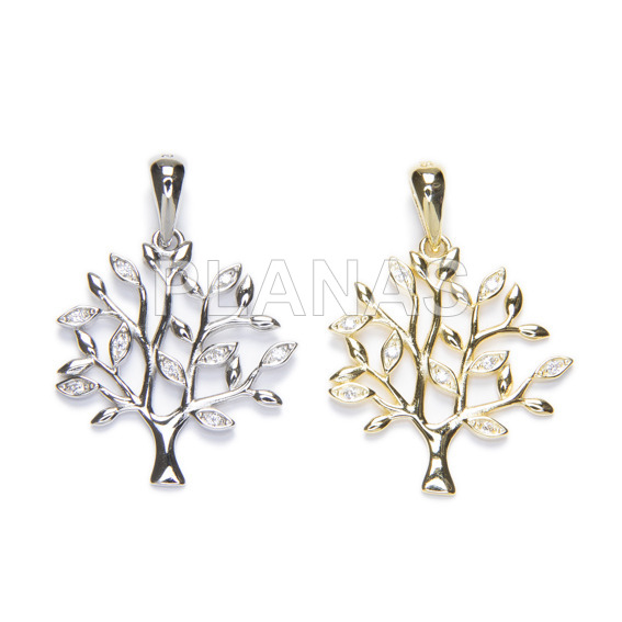 Pendant in rhodium sterling silver and white zircons. tree of life.