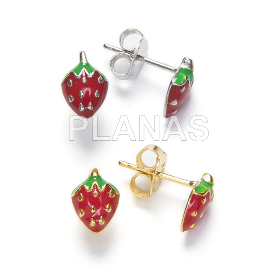 Earrings in sterling silver and enamel. strawberry.