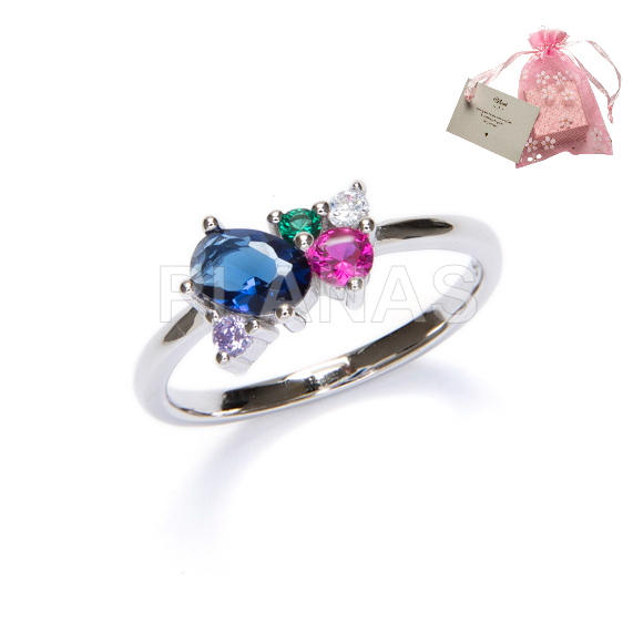 Anel em prata de lei com banho de ródio e zircônias cúbicas coloridas.