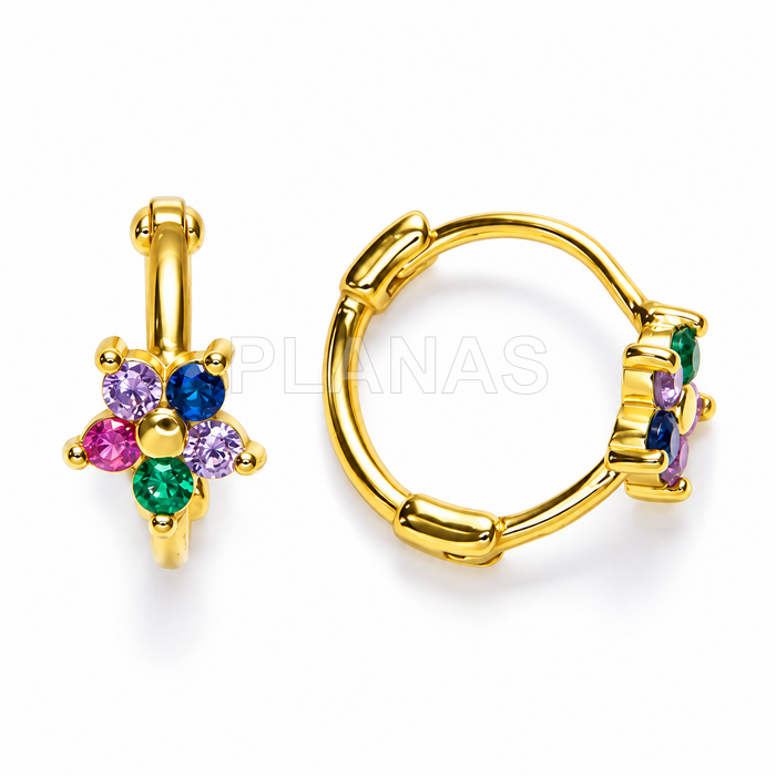 Aros en Plata de ley y Baño Oro con Circonitas de colores. FLOR. 