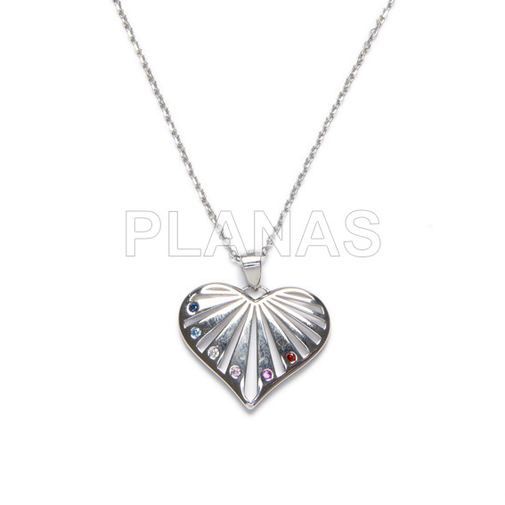 Necklace in rhodium sterling silver and colored zircons. heart.