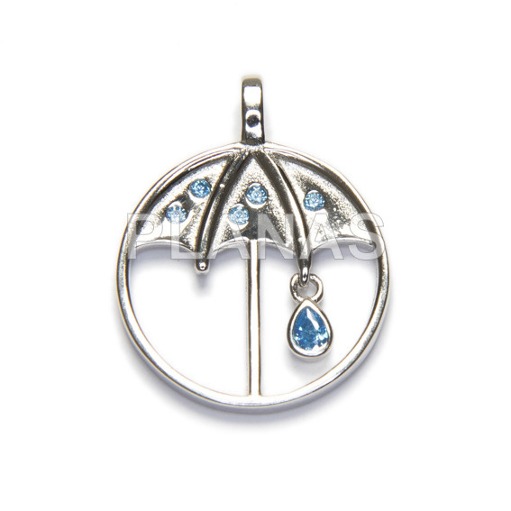 Pendant in rhodium sterling silver and blue zircons. umbrella.