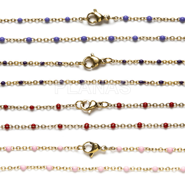 Chain in stainless steel and gold bath with enameled balls. 45cm. amethyst color.