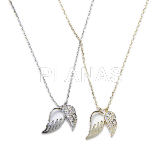 Necklace in rhodium sterling silver and zircons, wings.