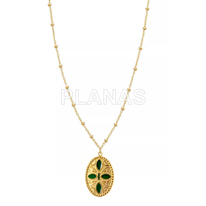 Pendant in stainless steel and gold plated with green enamel.